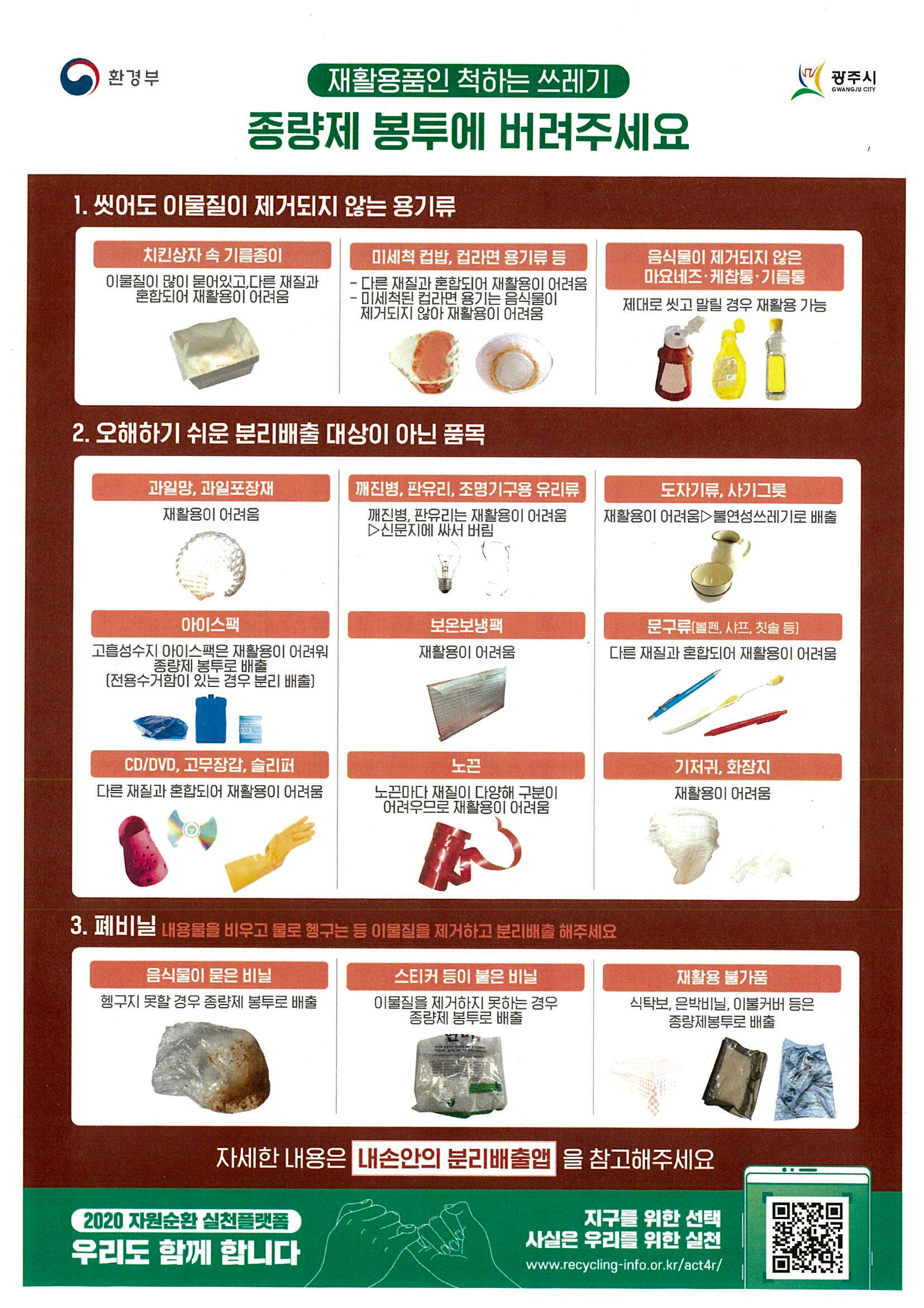 재활용품인 척하는 쓰레기 종량제 봉투에 버려주세요. 1.씻어도 이물질이 제거되지 않는 용기류 - 치킨상자 속 기름종이:이물질이 많이 묻어있고, 다른 재질과 혼합되어 재활용이 어려윰 / 미세척 컵밥, 컵라면 용기류 등:-다른 재질과 혼합되어 재활용이 어려움, -미세척된 컵라면 용기는 음식물이 제거되지 않아 재활용이 어려움 / 음식물이 제거되지 않은 마요네즈&middot;케찹통&middot;기름통:제대로 씻고 말릴 경우 재활용 가능  2.오해하기 쉬운 분리배출 대상이 아닌 품목 - 과일망, 과일포장재:재활용이 어려움 / 꺠진병, 판유리, 조명기구용 유리류:깨진병, 판유리는 재활용이 어려움 ▷신문지에 사서 버림 / 도자기류, 사기그릇:재활용이 어려움 ▷불연성쓰레기로 배출 / 아이스팩:고흡성수지 아이스팩은 재활용이 어려워 종량제 봉투로 배출[전용수거함이 있는 경우 분리 배출] / 보온보냉팩:재활용이 어려움 / 문구류(볼펜,샤프,칫솔 등):다른 재질과 혼합되어 재활용이 어려움 / CD,DVD,고무장갑,슬리퍼:다른 재질과 혼합되어 재활용이 어려움 / 노끈:노끈마다 재질이 다양해 구분이 어려우므로 재활용이 어려움 / 기저귀, 화장지:재활용이 어려움  3.폐비닐:내용물을 비우고 물로 헹구는 등 이물질을 제거하고 분리배출 해주세요 - 음식물이 묻은 비닐:헹구지 못할 경우 종량제 봉투로 배출 / 스티커 등이 붙은 비닐:이물질을 제거하지 못하는 경우 종량제 봉투로 배출 / 재활용 불가품:식탁보, 은박비닐, 이불커버 등은 종량제봉투로 배출  자세한 내용은 내손안의 분리배출앱을 참고해주세요. 2020 자원순환 실천플랫폼 우리도 함께 합니다. 지구를 위한 선택 사실은 우리를 위한 실천 www.recycling-info.or.kr/act4r/