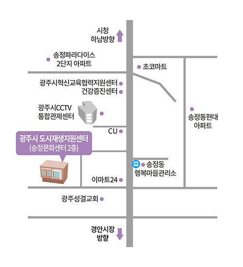 광주시 도시재생지원센터로 오시는 길을 안내하는 이미지입니다. 광주시 도시재생센터는 구.광주시재활용센터에서 시청하남방향으로 직진시 도착하실 수 있습니다.