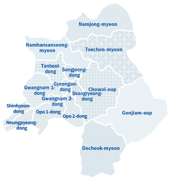 Opo-eup, Chowol-eup, Gonjiam-eup, Docheok-myeon, Toechon-myeon, Namjong-myeon, Namhansanseong-myeon, Gyeongan-dong, Songjeong-dong, Gwangnam-dong